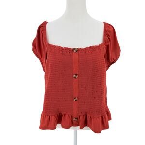No Boundaries Smocked Peplum Top Red Puff Sleeve Button Front Womens XXL